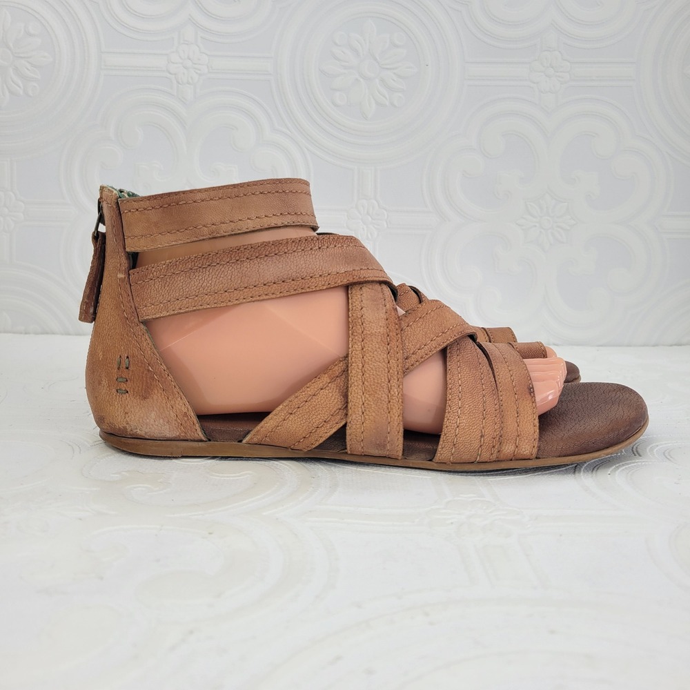 Bed Stu Roan Womens Tan Leather Gladiator Caged Flat Sandals Back Zip Boho Sz 9? - Picture 3 of 16
